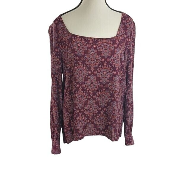 LOFT Burgundy Floral Print Blouse Womens Size S Long Sleeve Square Neck - Picture 1 of 7